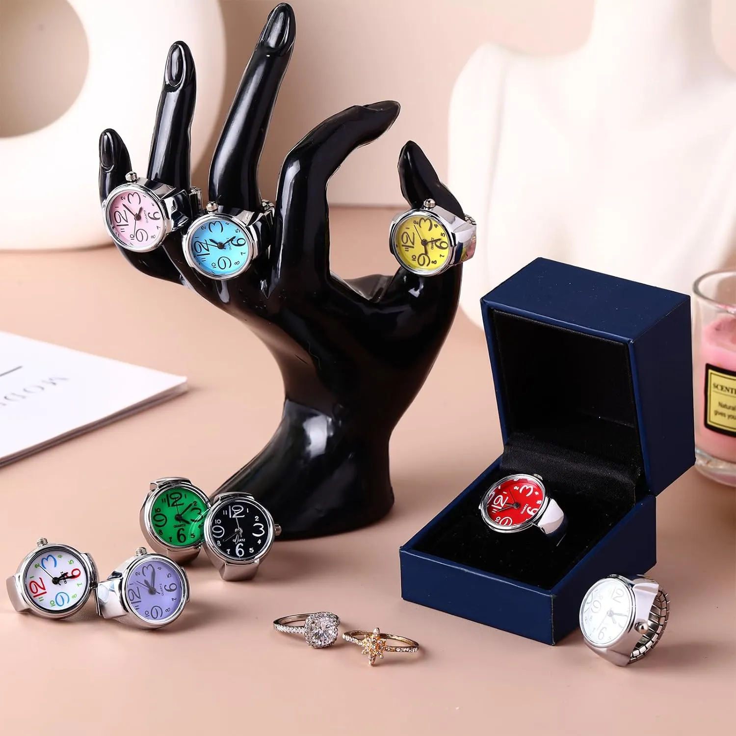 10 Pcs Finger Watches Ring for Women Men Adjustable Clock Rings Bulk Creative Elastic Round Quartz Finger Ring Watches