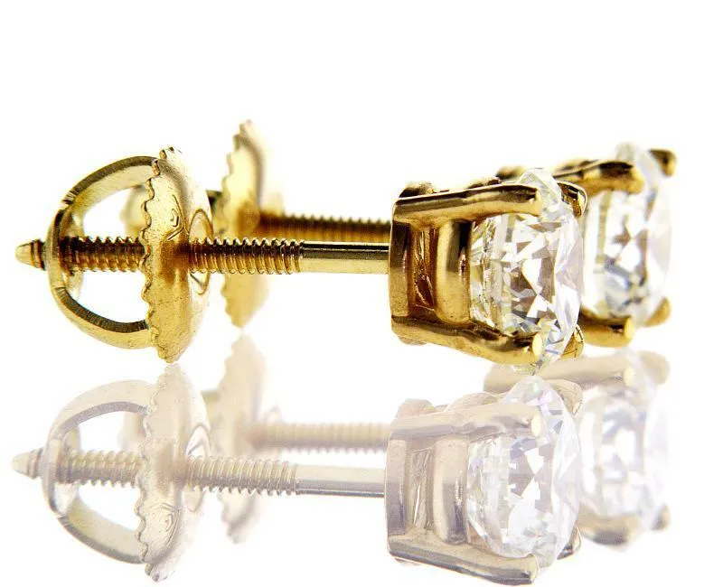 1.50 CTW Diamond Studs Earrings Yellow Gold Round Cut Screw GIA Certified VS1