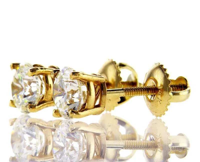 1.50 CTW Diamond Studs Earrings Yellow Gold Round Cut Screw GIA Certified VS1