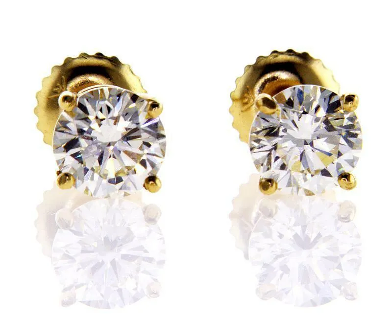 1.50 CTW Diamond Studs Earrings Yellow Gold Round Cut Screw GIA Certified VS1
