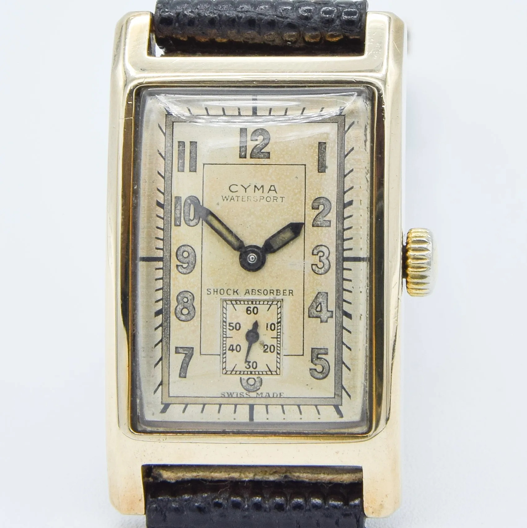 1937 Cyma Rectangular Early Waterproof Patent Deco Wristwatch with Arabic Dial in 9ct Gold