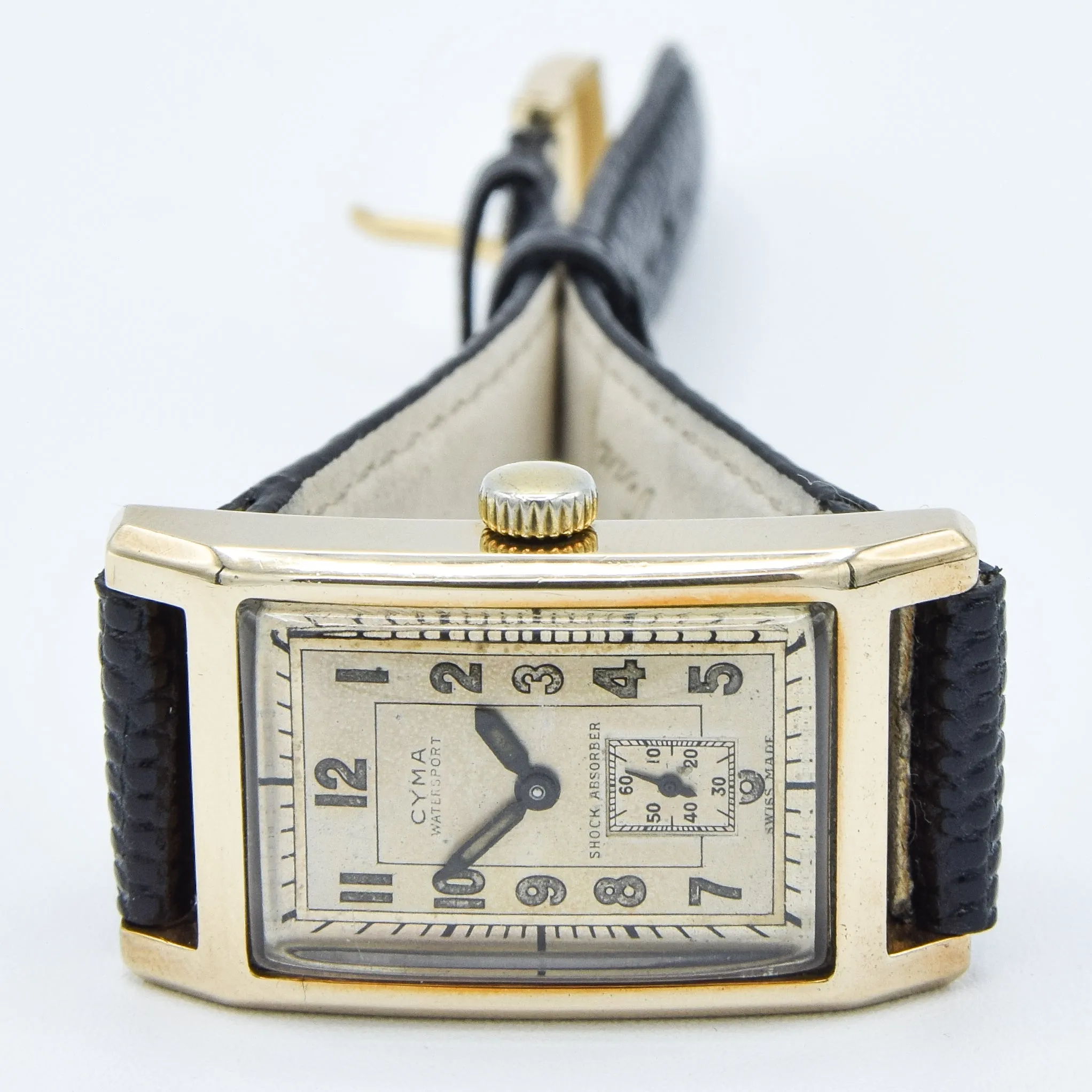 1937 Cyma Rectangular Early Waterproof Patent Deco Wristwatch with Arabic Dial in 9ct Gold