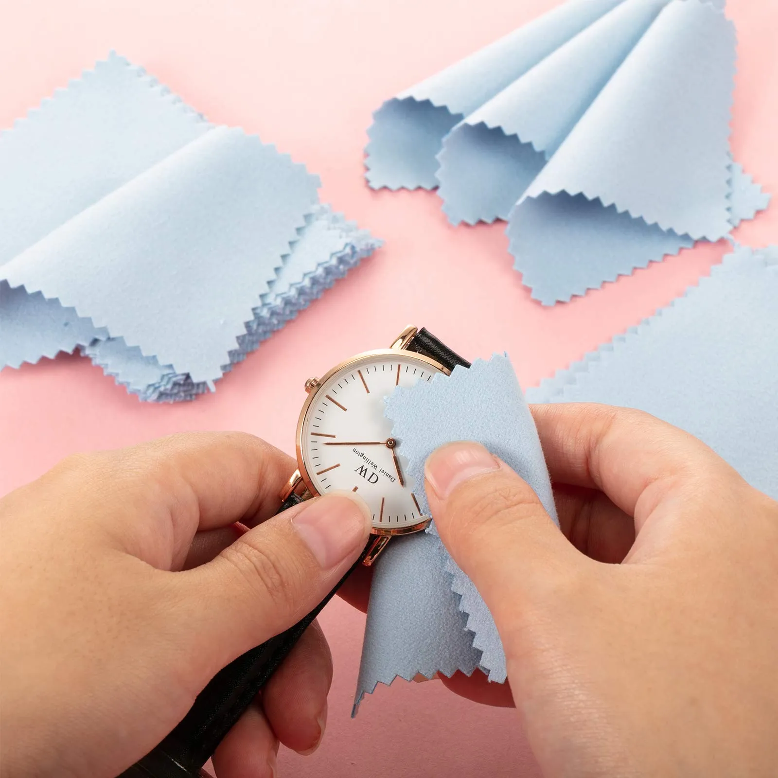 200 Pieces Jewelry Cleaning Cloth Double-Sided Polishing Cloths Glasses Cleaning Cloths for Gold Silver and Platinum Jewelry Watch Coins Glasses, 2.36 x 3.15 Inch (Light Blue) Light Blue