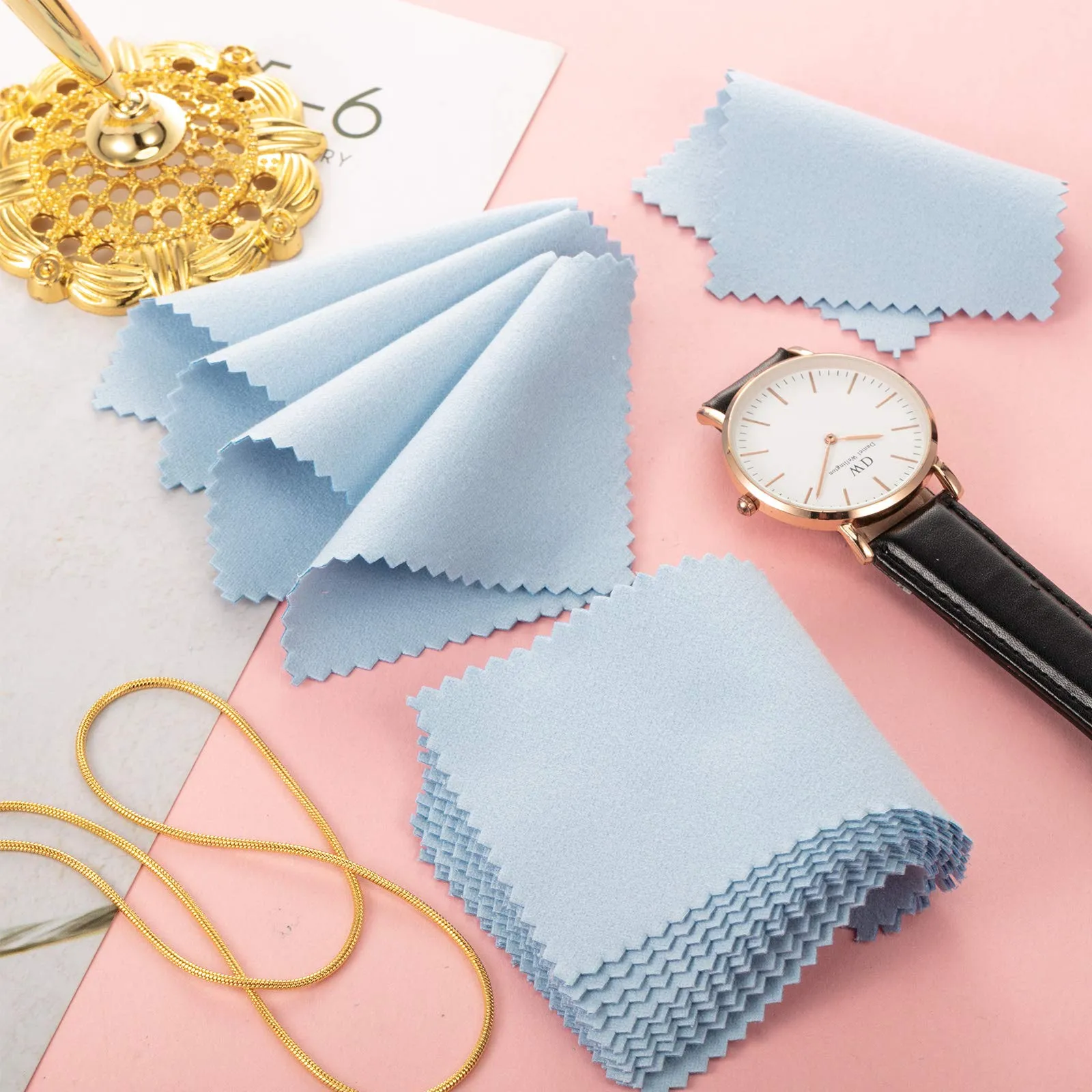 200 Pieces Jewelry Cleaning Cloth Double-Sided Polishing Cloths Glasses Cleaning Cloths for Gold Silver and Platinum Jewelry Watch Coins Glasses, 2.36 x 3.15 Inch (Light Blue) Light Blue