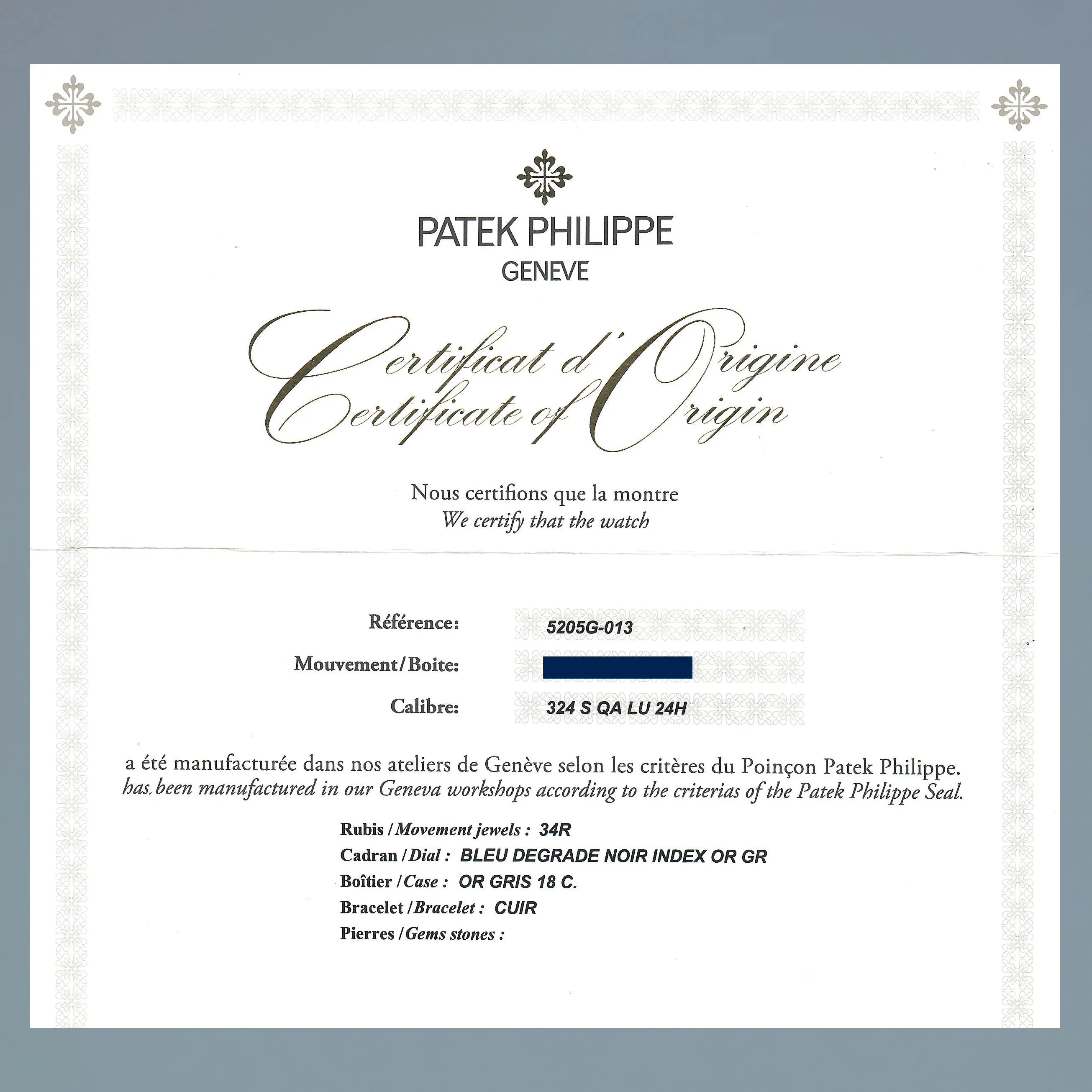 2022 PAPERS Patek Philippe 5205G White Gold Annual Calendar Moon Phase Blue Watch