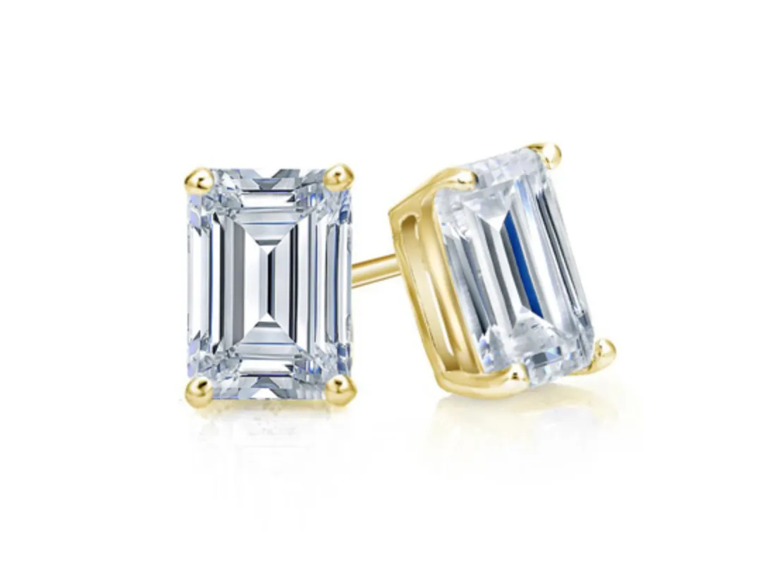 2.50 CTW Diamond Studs Earrings 14k Yellow Gold Screw Back Natural Emerald Cut