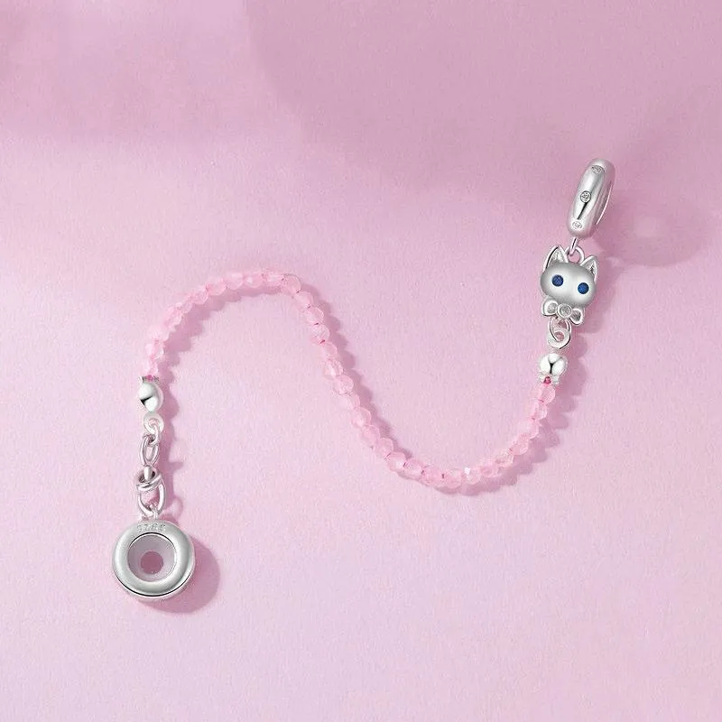 925 Sterling Silver Platinum Plated Cat Safety Chain Pendant