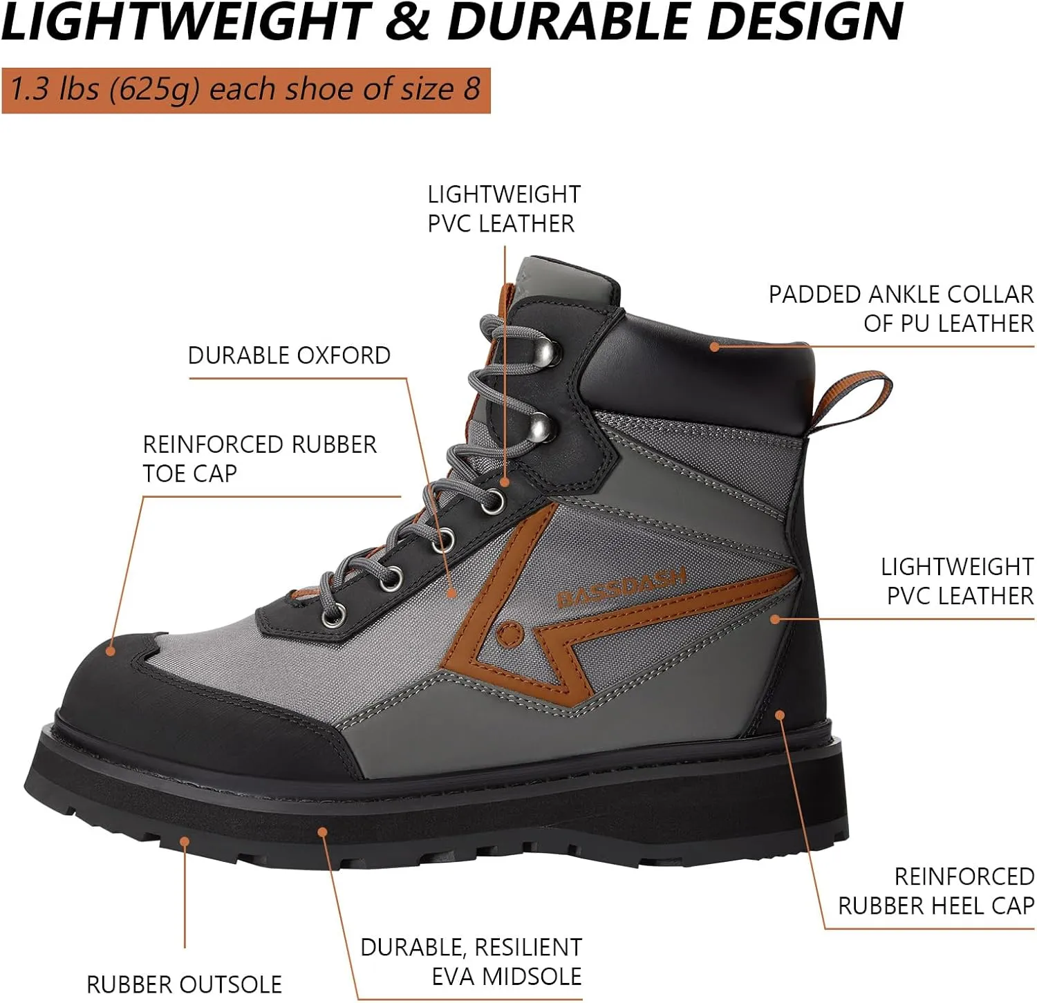 BASSDASH Mens Wading Boots Lightweight Anti-Slip Rubber Sole Fly Fishing Wading Shoes