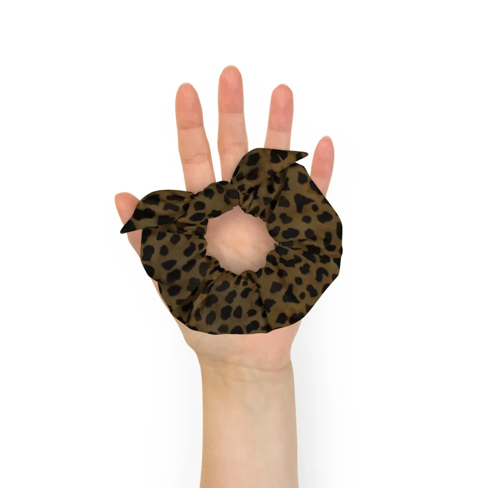 Brown Cheetah Print Scrunchie, Elastic Stretchy Premium Women's Hair Stylish Accessories-Made in USA/EU