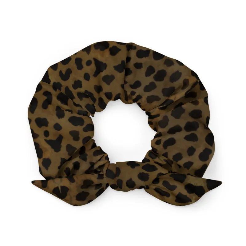 Brown Cheetah Print Scrunchie, Elastic Stretchy Premium Women's Hair Stylish Accessories-Made in USA/EU