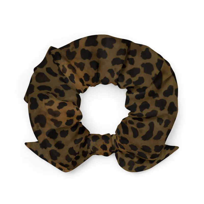 Brown Cheetah Print Scrunchie, Elastic Stretchy Premium Women's Hair Stylish Accessories-Made in USA/EU