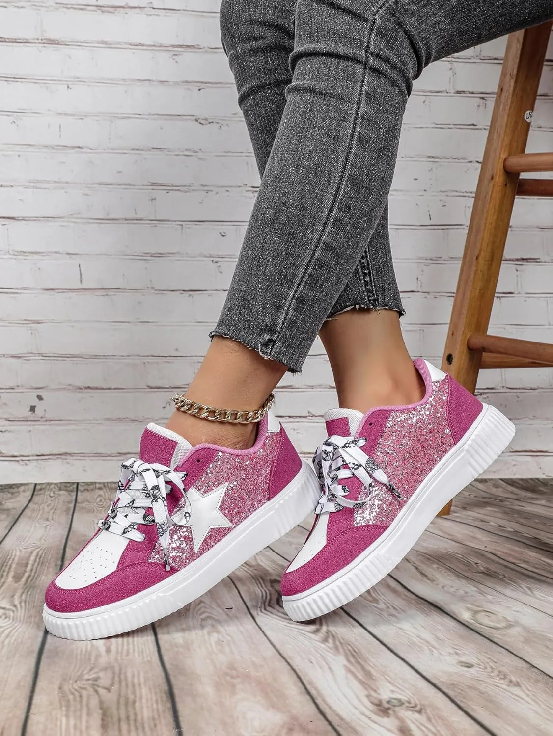 Canvas Glitter Y2K Retro Star Sneakers Comfortable Rubber Sole Shoes for Women Holiday Travel Daily Wear Matching Couple Outfit Aesthetic Star Skate Style