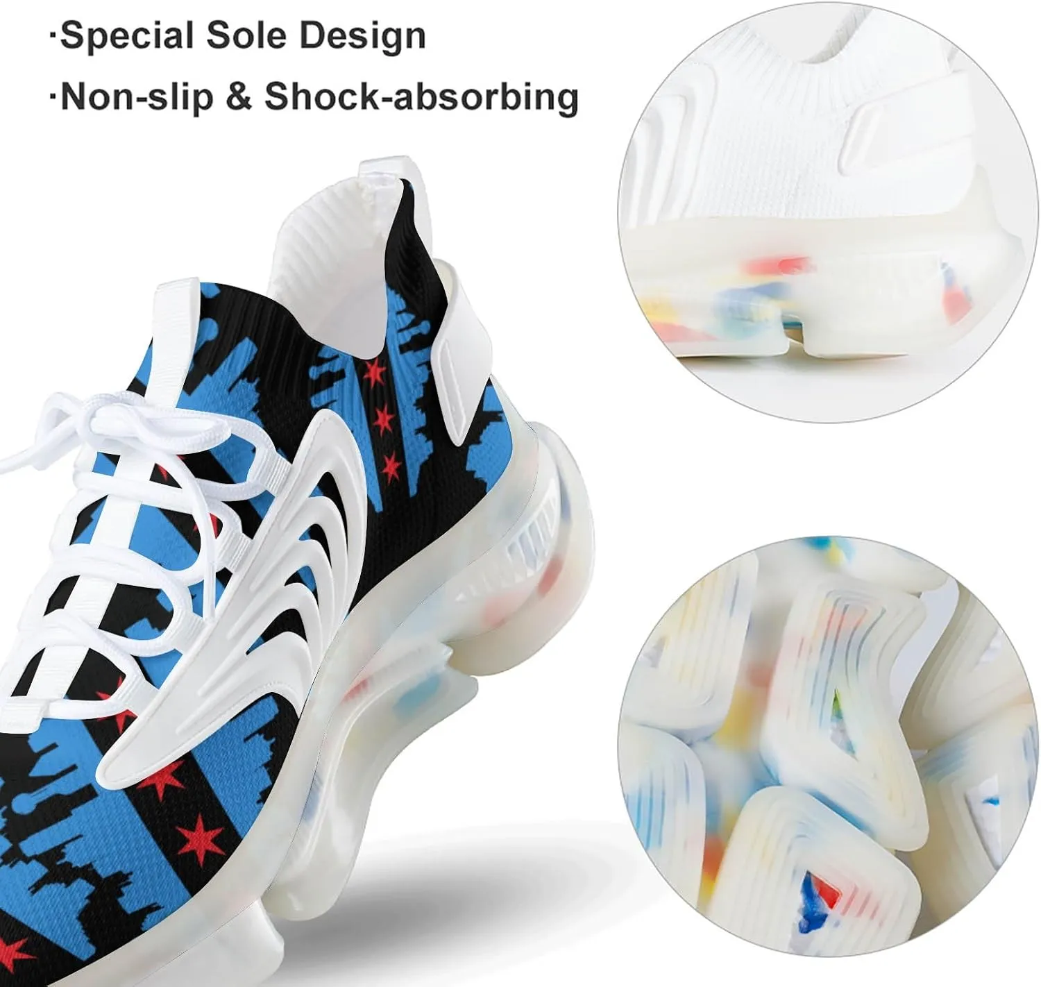 Chicago Flag with Buildings Skyline Running Shoes for Men Low Top Athletic Training Shoe Sports Walking Shoes Non-Slip Gym Sneakers