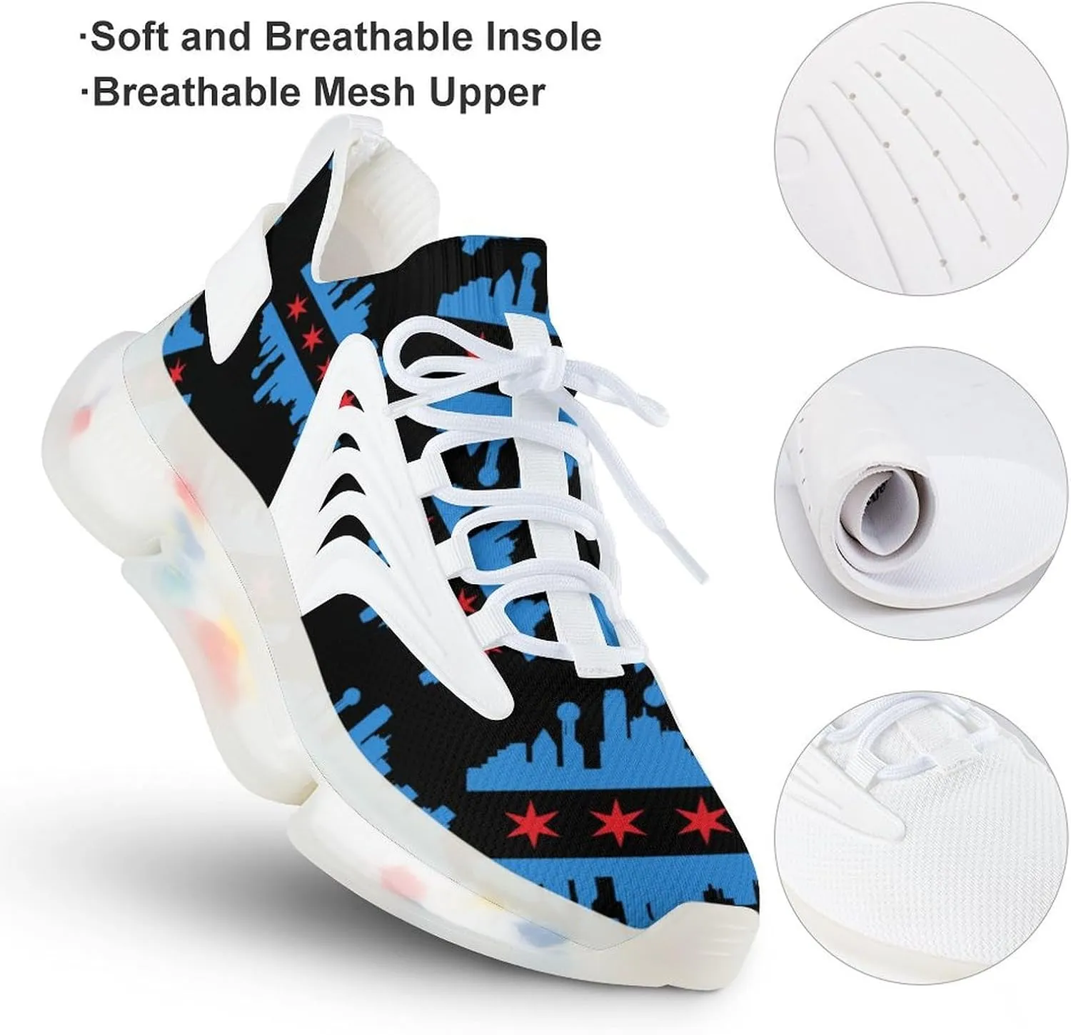 Chicago Flag with Buildings Skyline Running Shoes for Men Low Top Athletic Training Shoe Sports Walking Shoes Non-Slip Gym Sneakers