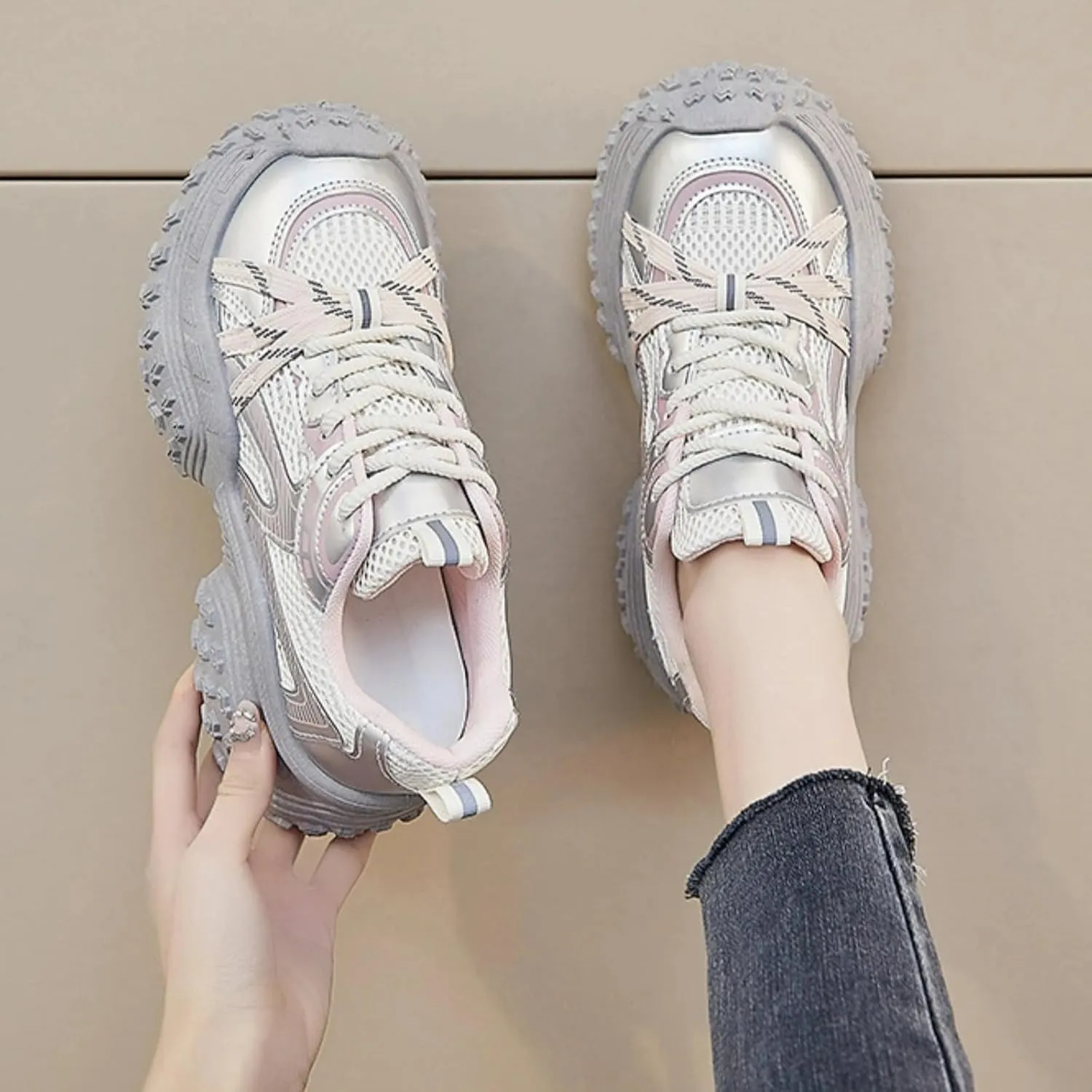 Chunky Platform Sneakers Women Retro Y2K Aesthetic 1.8" Height Increase Breathable Mesh Dad Shoes Casual Outfit Walking Shoes