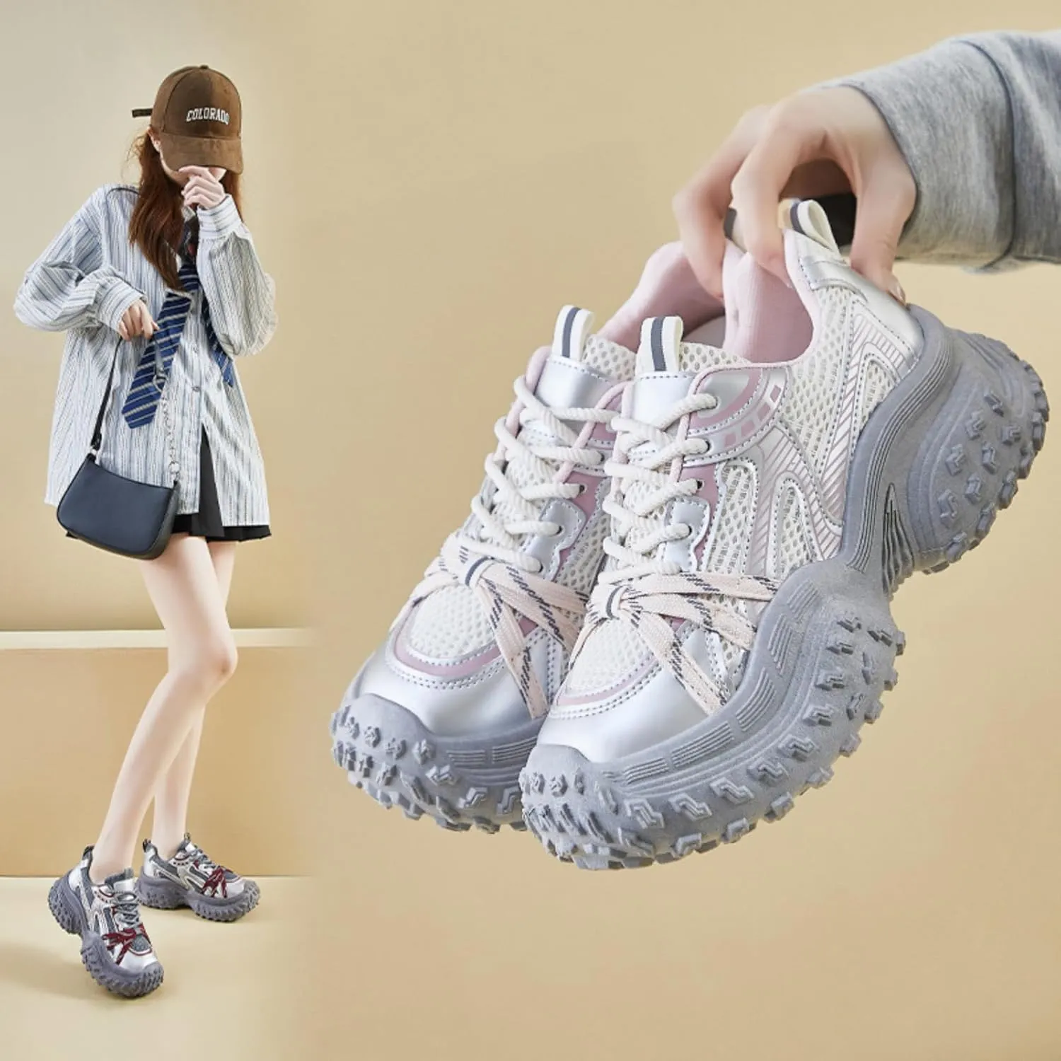 Chunky Platform Sneakers Women Retro Y2K Aesthetic 1.8" Height Increase Breathable Mesh Dad Shoes Casual Outfit Walking Shoes