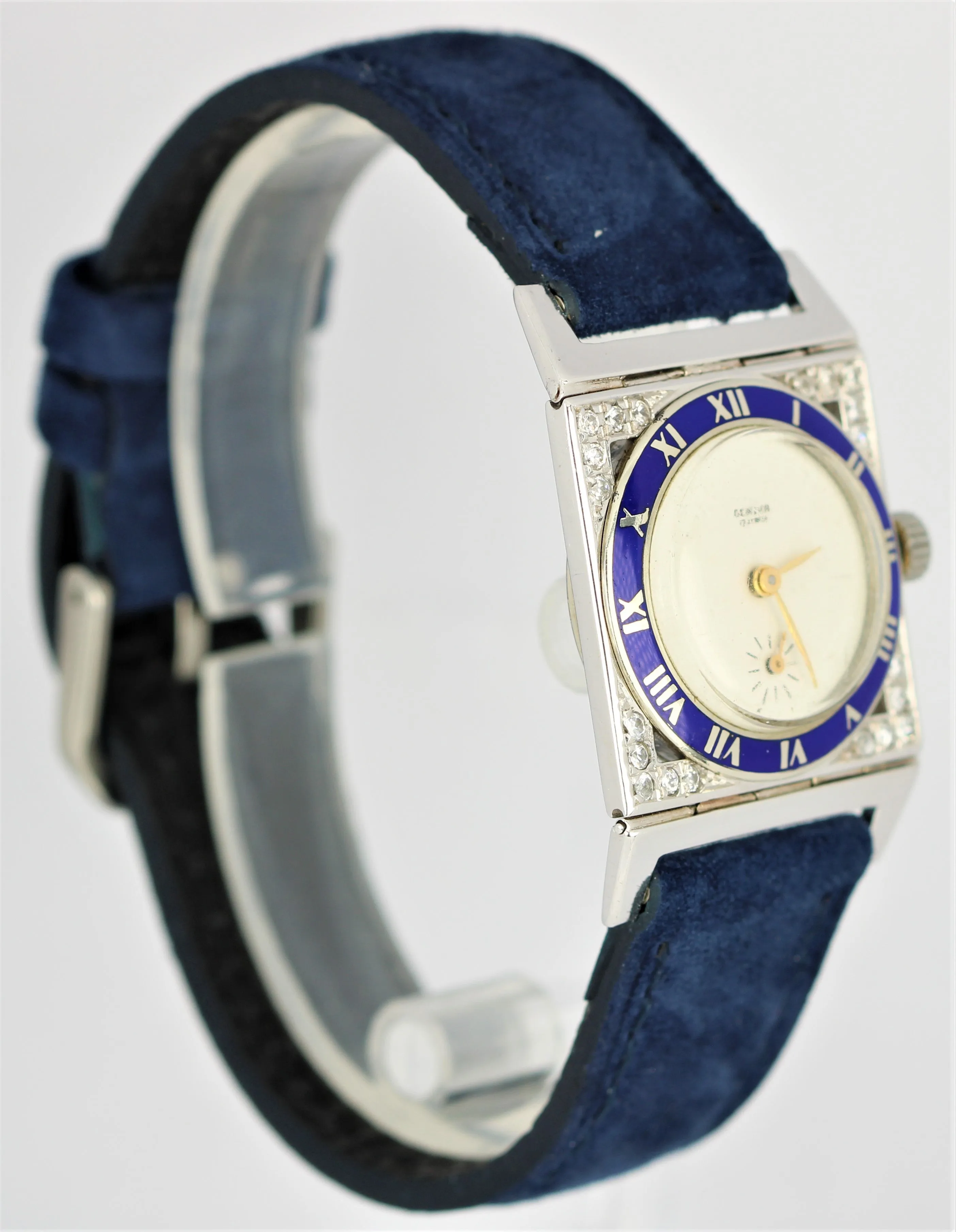 Circa 1930's Vintage Art Deco Geneva Platinum DIA Enamel Blue 17 Jewels Watch