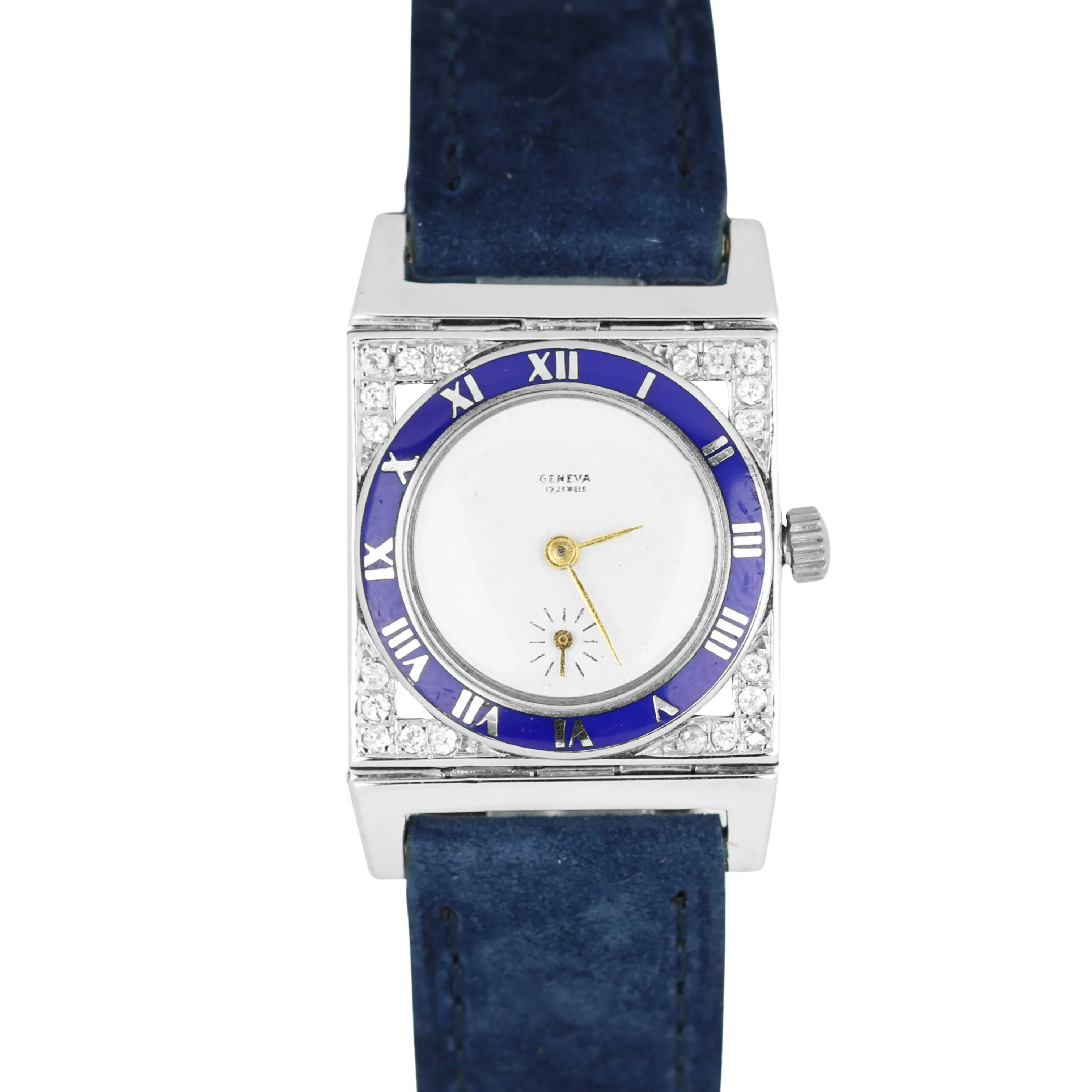 Circa 1930's Vintage Art Deco Geneva Platinum DIA Enamel Blue 17 Jewels Watch