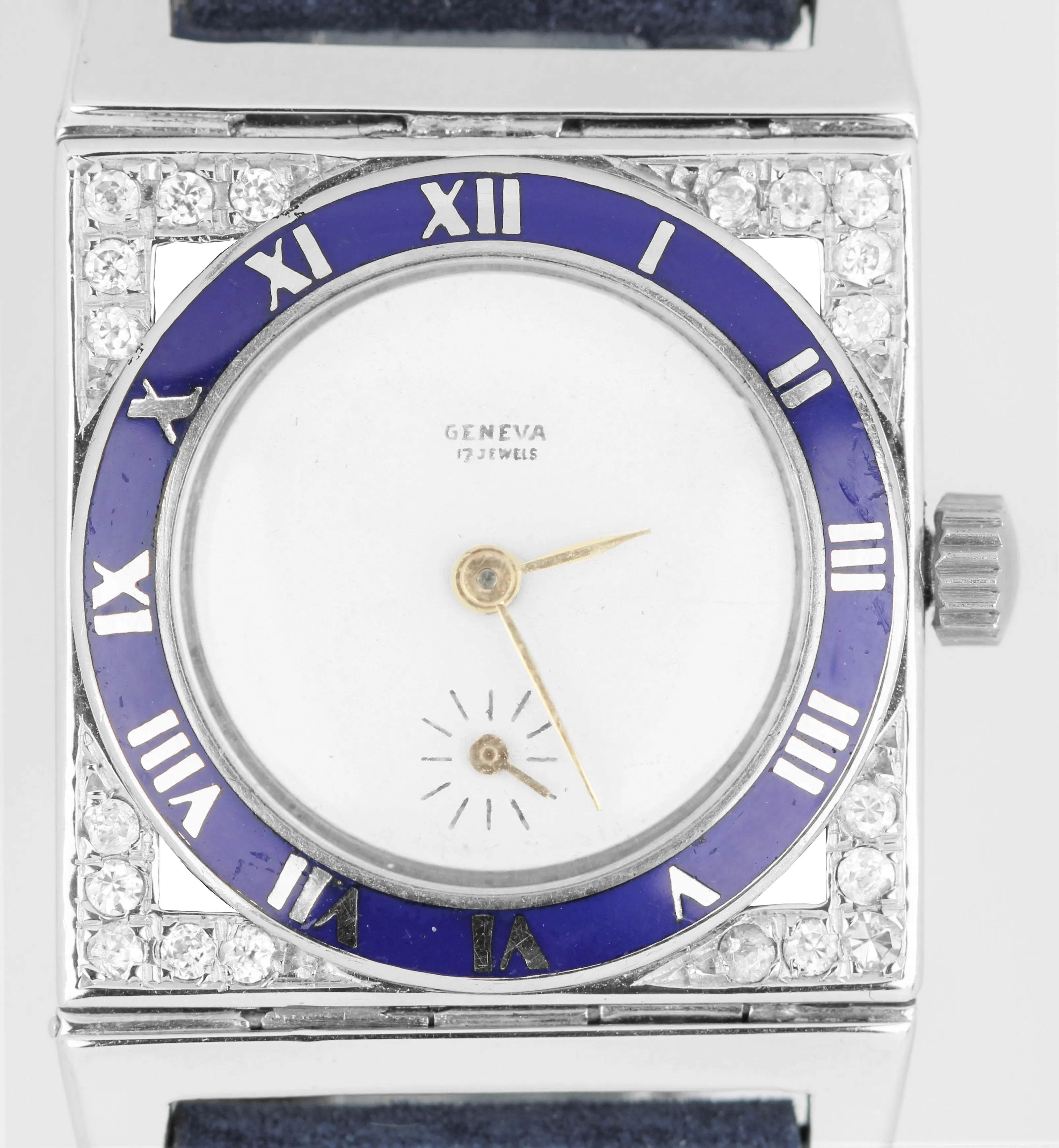 Circa 1930's Vintage Art Deco Geneva Platinum DIA Enamel Blue 17 Jewels Watch
