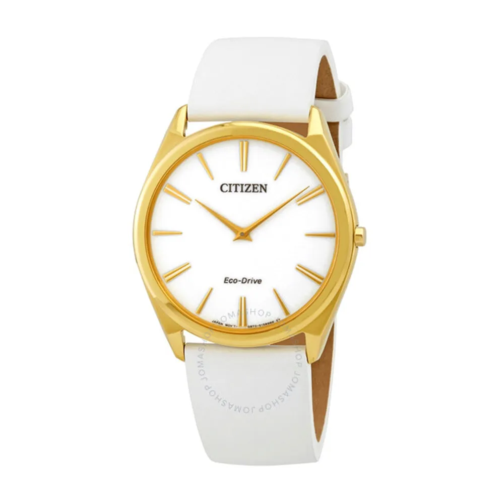 Citizen Eco-Drive Stiletto Womens White Leather Band White Quartz Dial Watch - AR3072-09A