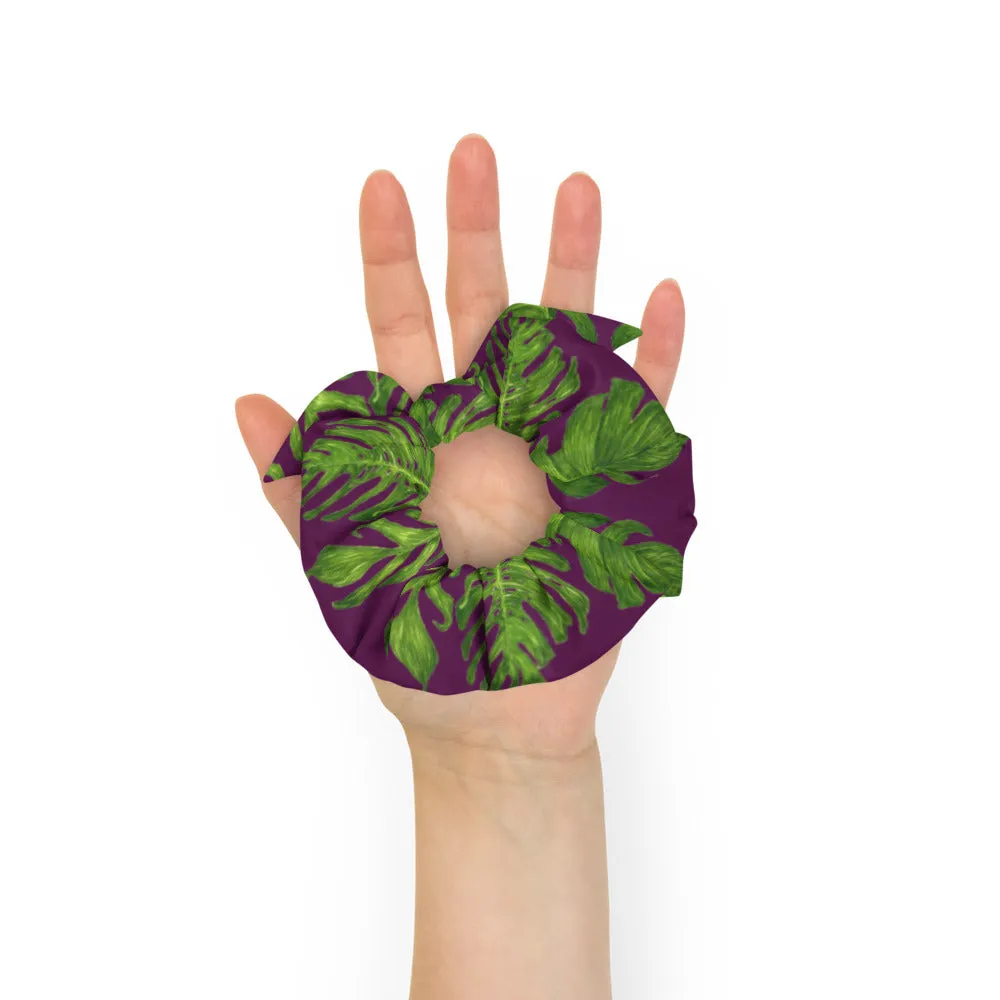Dark Purple Tropical Scrunchie, Hawaiian Style Tropical Leaves Print Hair Tie Accessories - Made in  USA/EU