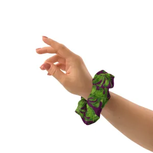 Dark Purple Tropical Scrunchie, Hawaiian Style Tropical Leaves Print Hair Tie Accessories - Made in  USA/EU
