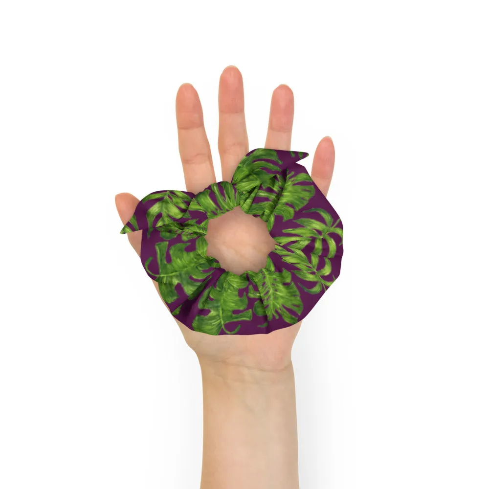 Dark Purple Tropical Scrunchie, Hawaiian Style Tropical Leaves Print Hair Tie Accessories - Made in  USA/EU