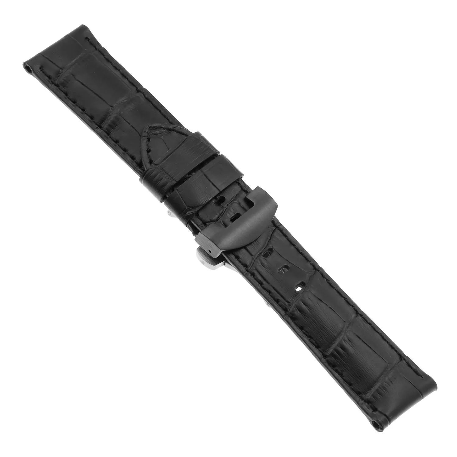 DASSARI Croc Leather Strap for Deployant Clasp Black (Black Stitching)