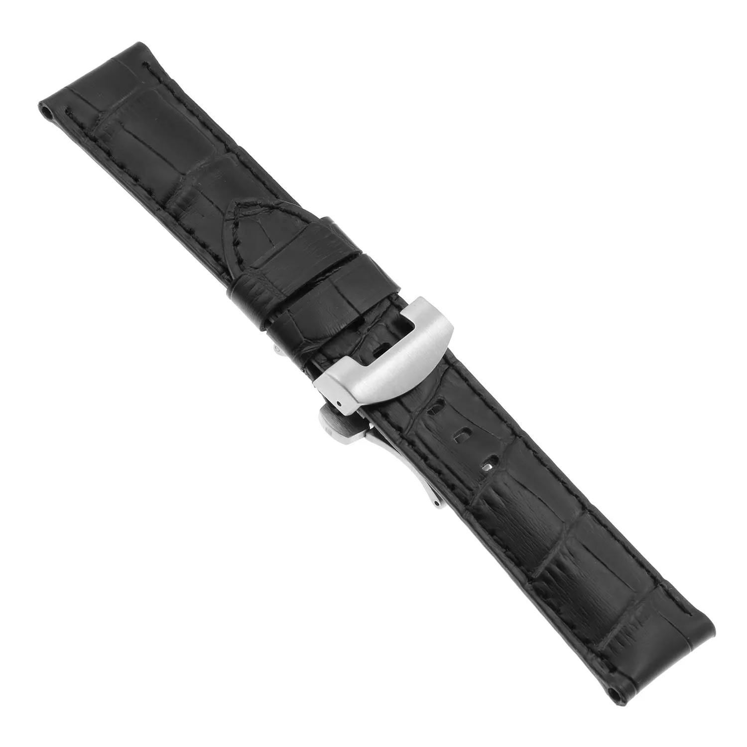 DASSARI Croc Leather Strap for Deployant Clasp Black (Black Stitching)