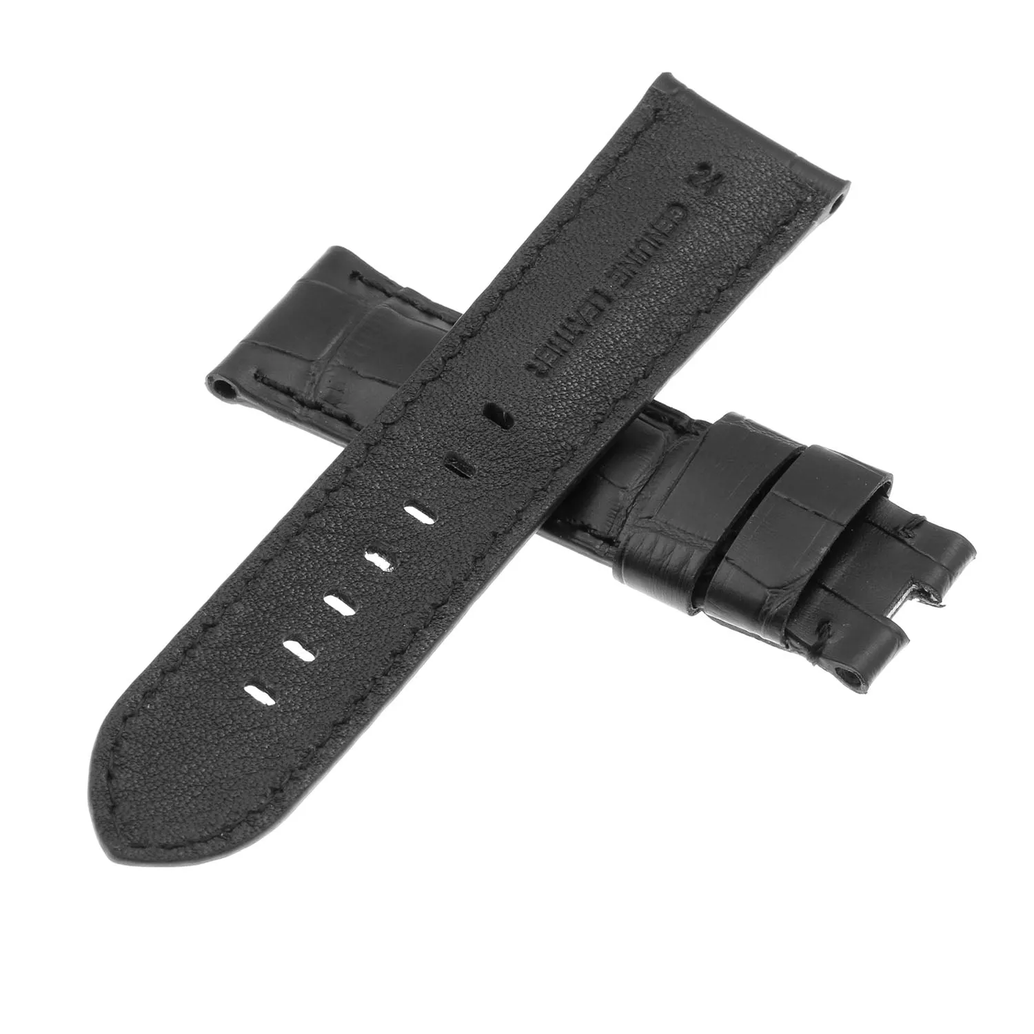 DASSARI Croc Leather Strap for Deployant Clasp Black (Black Stitching)