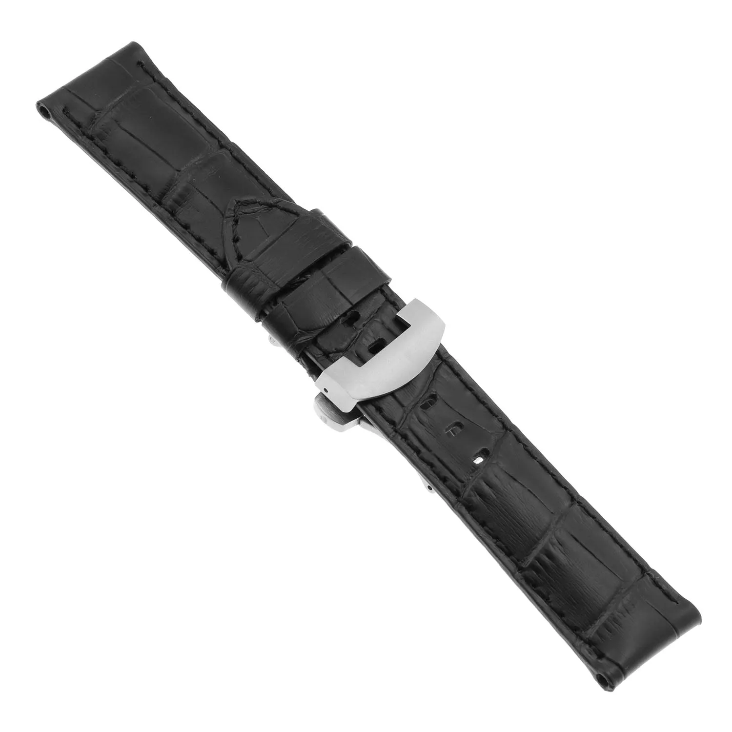 DASSARI Croc Leather Strap for Deployant Clasp Black (Black Stitching)