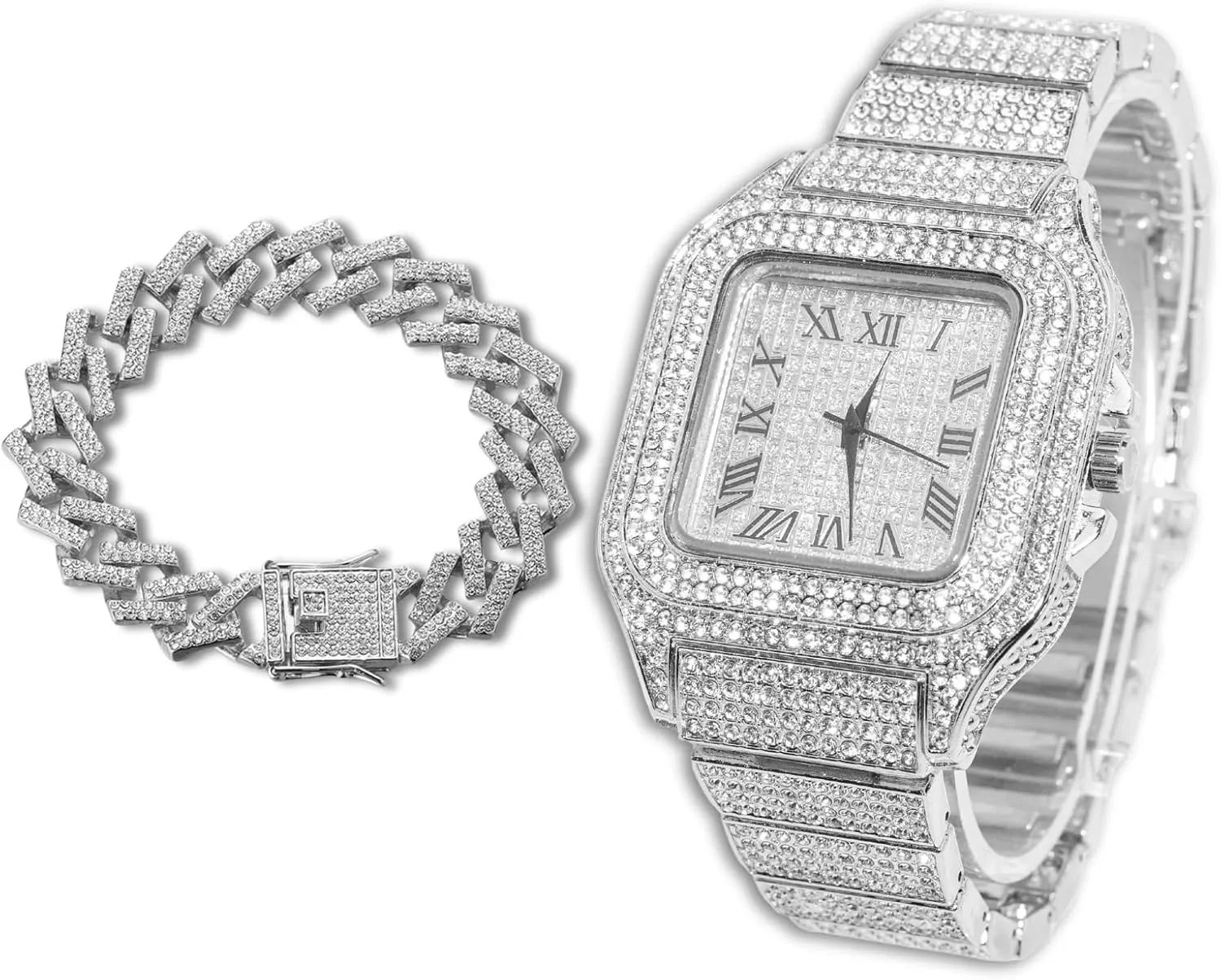 Diamond Watch for Men Guys - Square Dial - Iced Out 20MM Wide Wristband 18k Real Gold/White Gold Platinum Plated, with Cuban Link Chain Set Optional, Gift for Boyfriend Husband