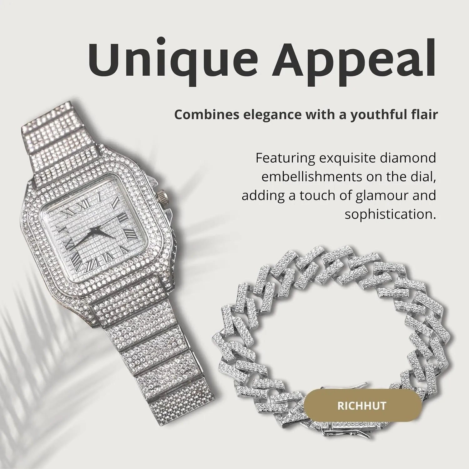 Diamond Watch for Men Guys - Square Dial - Iced Out 20MM Wide Wristband 18k Real Gold/White Gold Platinum Plated, with Cuban Link Chain Set Optional, Gift for Boyfriend Husband