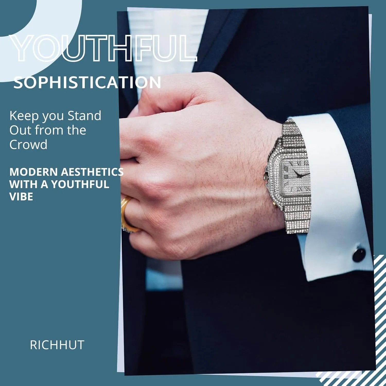 Diamond Watch for Men Guys - Square Dial - Iced Out 20MM Wide Wristband 18k Real Gold/White Gold Platinum Plated, with Cuban Link Chain Set Optional, Gift for Boyfriend Husband