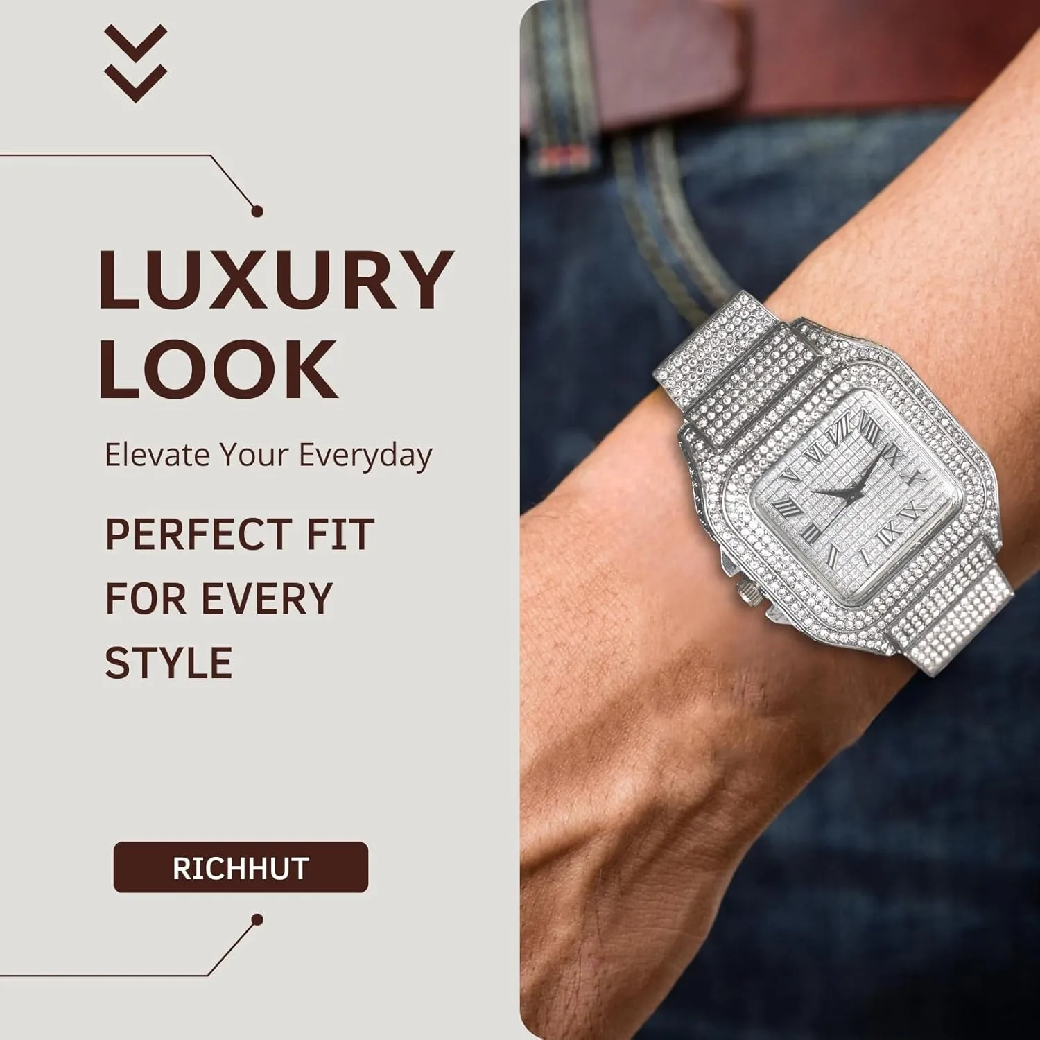 Diamond Watch for Men Guys - Square Dial - Iced Out 20MM Wide Wristband 18k Real Gold/White Gold Platinum Plated, with Cuban Link Chain Set Optional, Gift for Boyfriend Husband