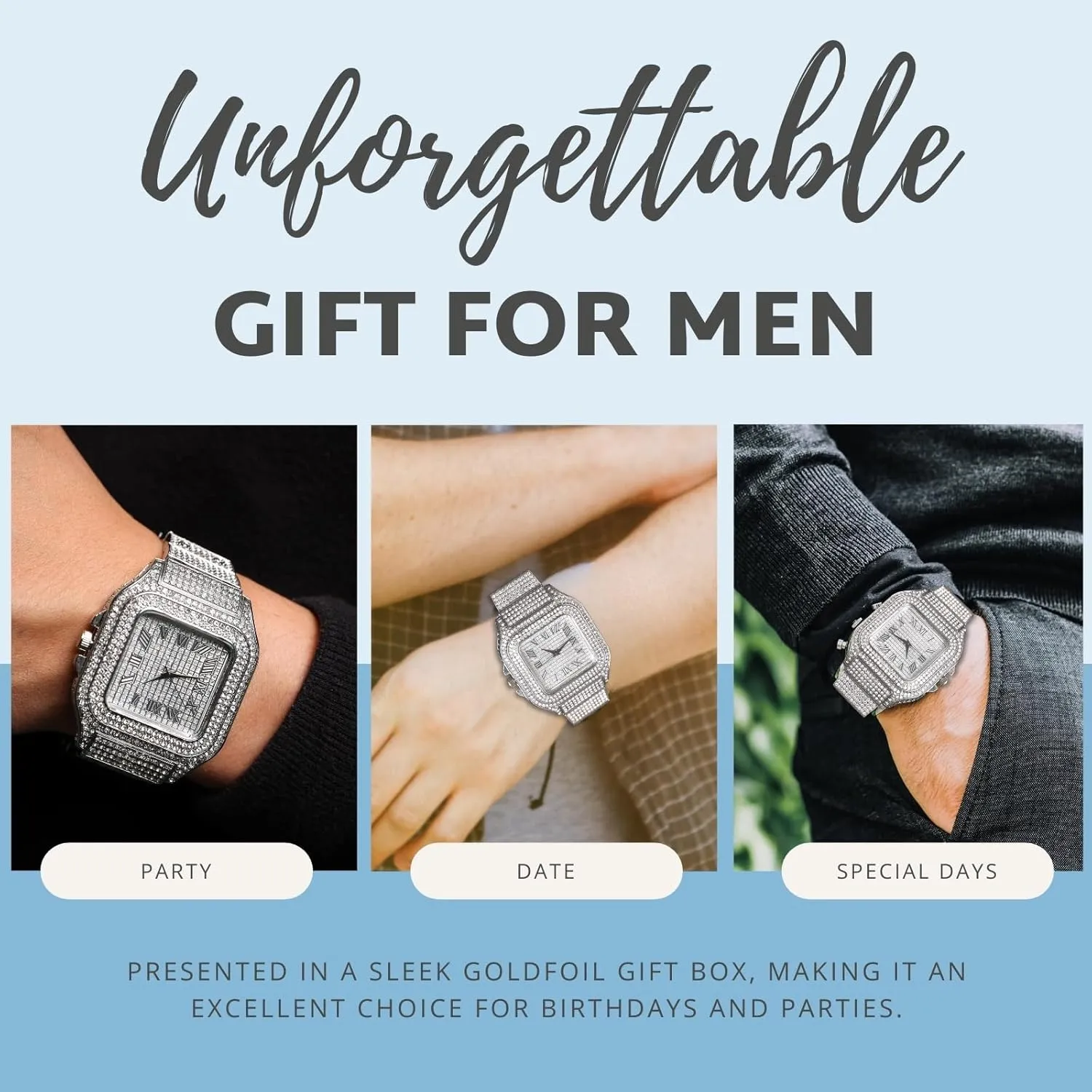 Diamond Watch for Men Guys - Square Dial - Iced Out 20MM Wide Wristband 18k Real Gold/White Gold Platinum Plated, with Cuban Link Chain Set Optional, Gift for Boyfriend Husband