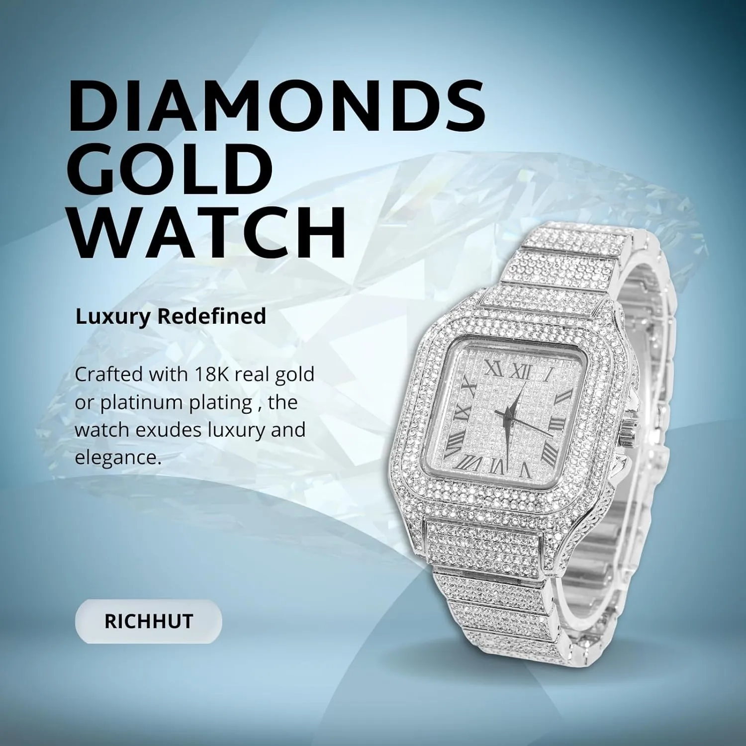 Diamond Watch for Men Guys - Square Dial - Iced Out 20MM Wide Wristband 18k Real Gold/White Gold Platinum Plated, with Cuban Link Chain Set Optional, Gift for Boyfriend Husband