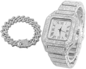 Diamond Watch for Men Guys - Square Dial - Iced Out 20MM Wide Wristband 18k Real Gold/White Gold Platinum Plated, with Cuban Link Chain Set Optional, Gift for Boyfriend Husband