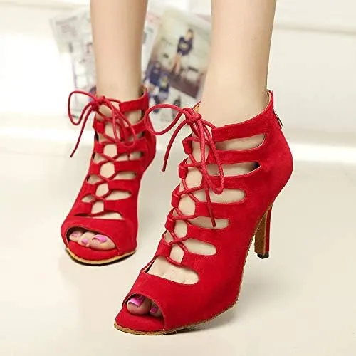 DKZSYIM Women's Latin Dance Shoes,Lace-up Salsa Party Wedding Ankle Boot Sandals,Model YCL361