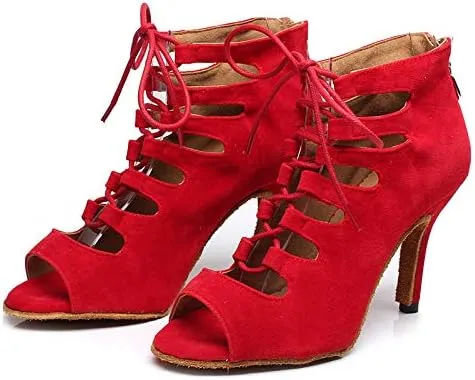 DKZSYIM Women's Latin Dance Shoes,Lace-up Salsa Party Wedding Ankle Boot Sandals,Model YCL361