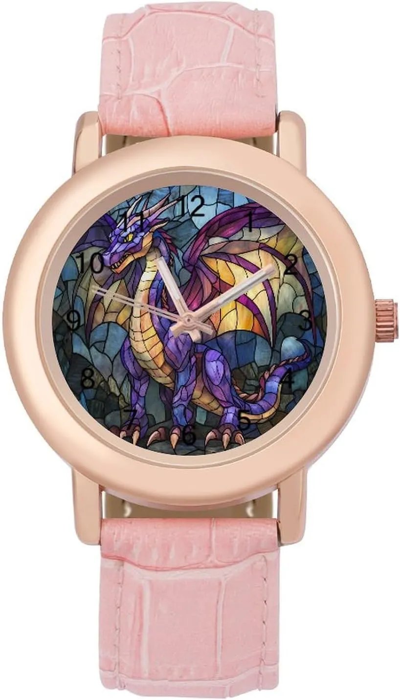 Dragon Stained Glass Classic Watches for Women Funny Graphic Ladies Wrist Watches Easy to Read