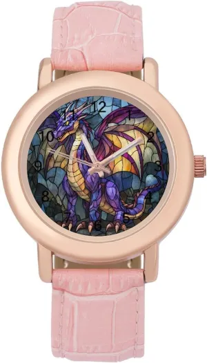 Dragon Stained Glass Classic Watches for Women Funny Graphic Ladies Wrist Watches Easy to Read