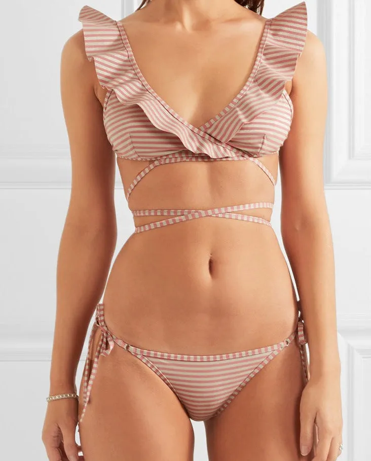 Fashion Stripe Print Retro Bandage Bikini