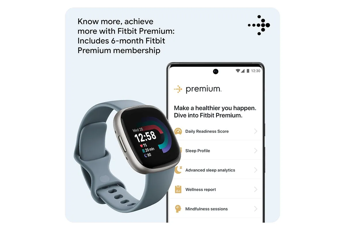 Fitbit Versa 4 Smartwatch | Waterfall Blue & Platinum