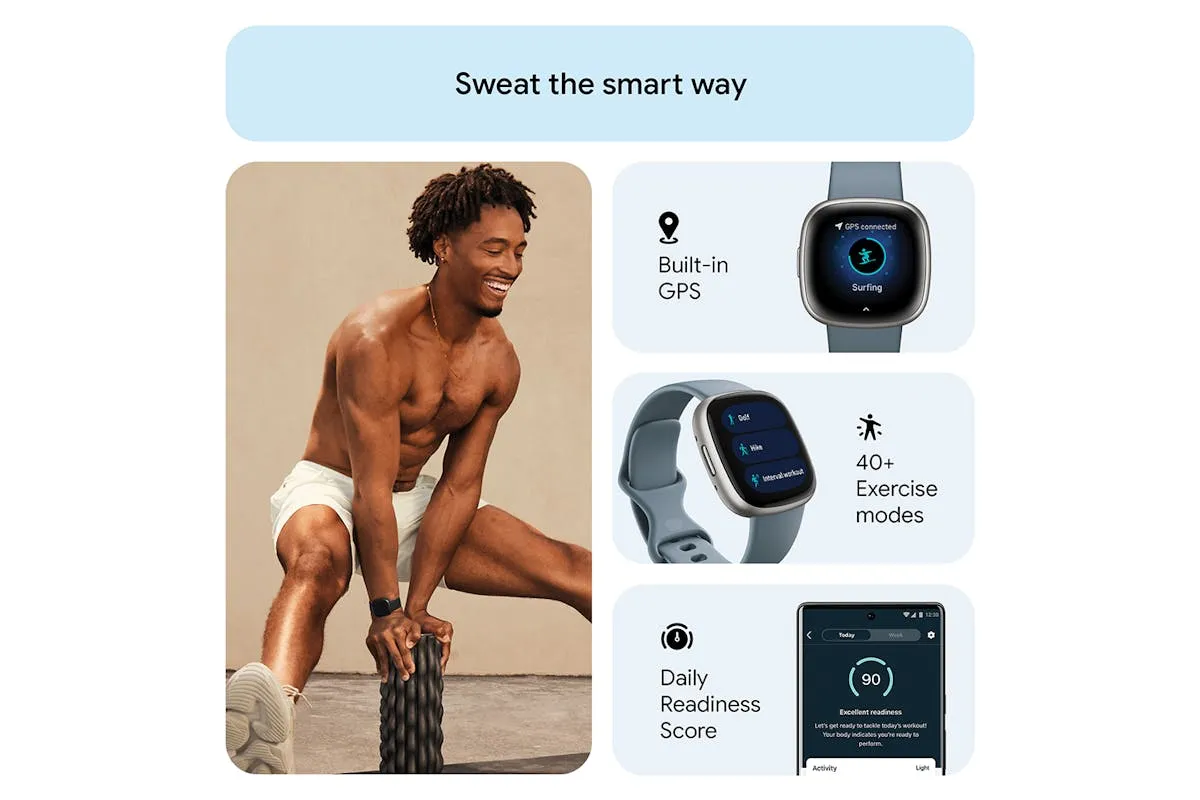 Fitbit Versa 4 Smartwatch | Waterfall Blue & Platinum