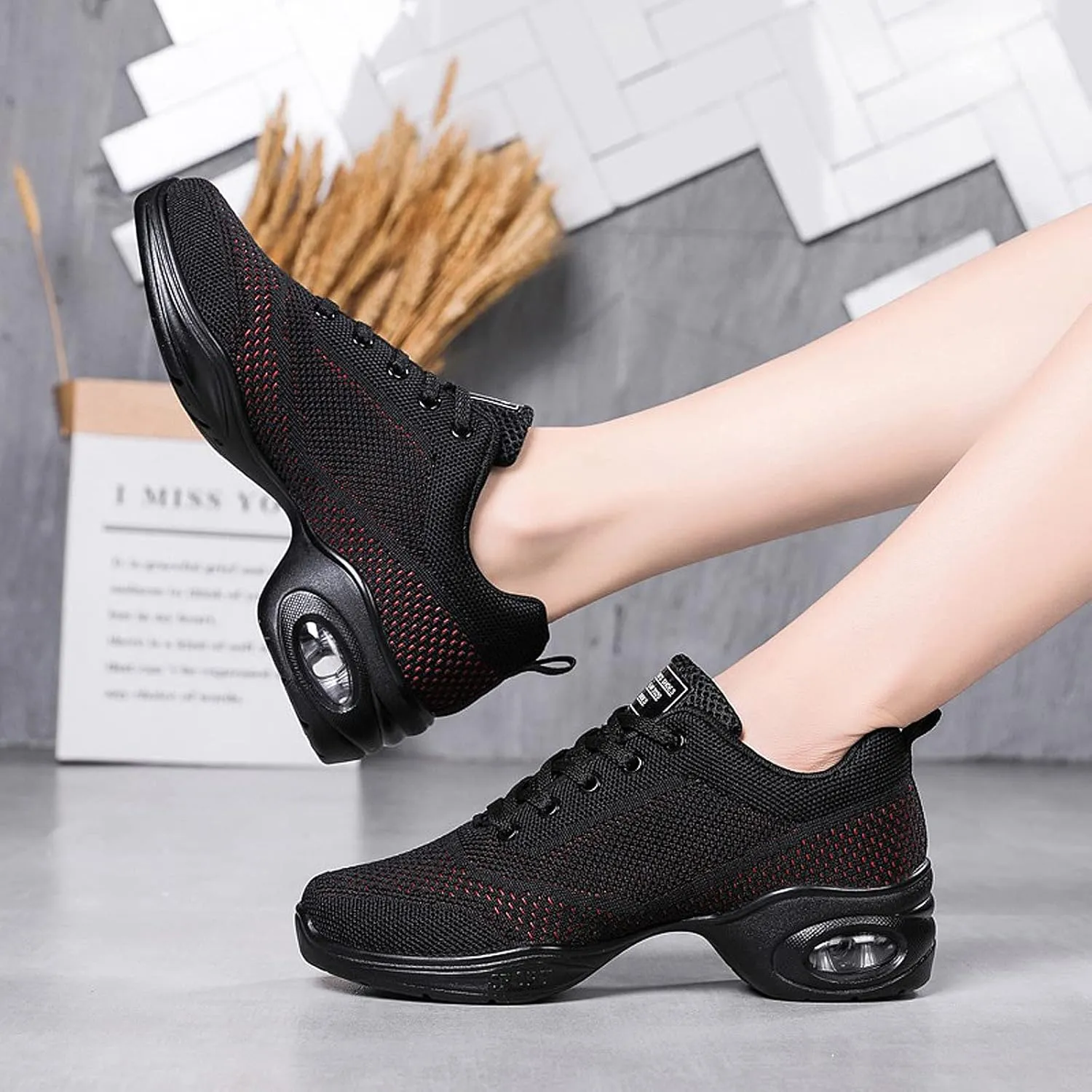 FLIOZY Women's Jazz Shoes Lace-up Platform Air Cushion Dance Shoes Breathable Athletic Fitness Yoga Walking Sneaker