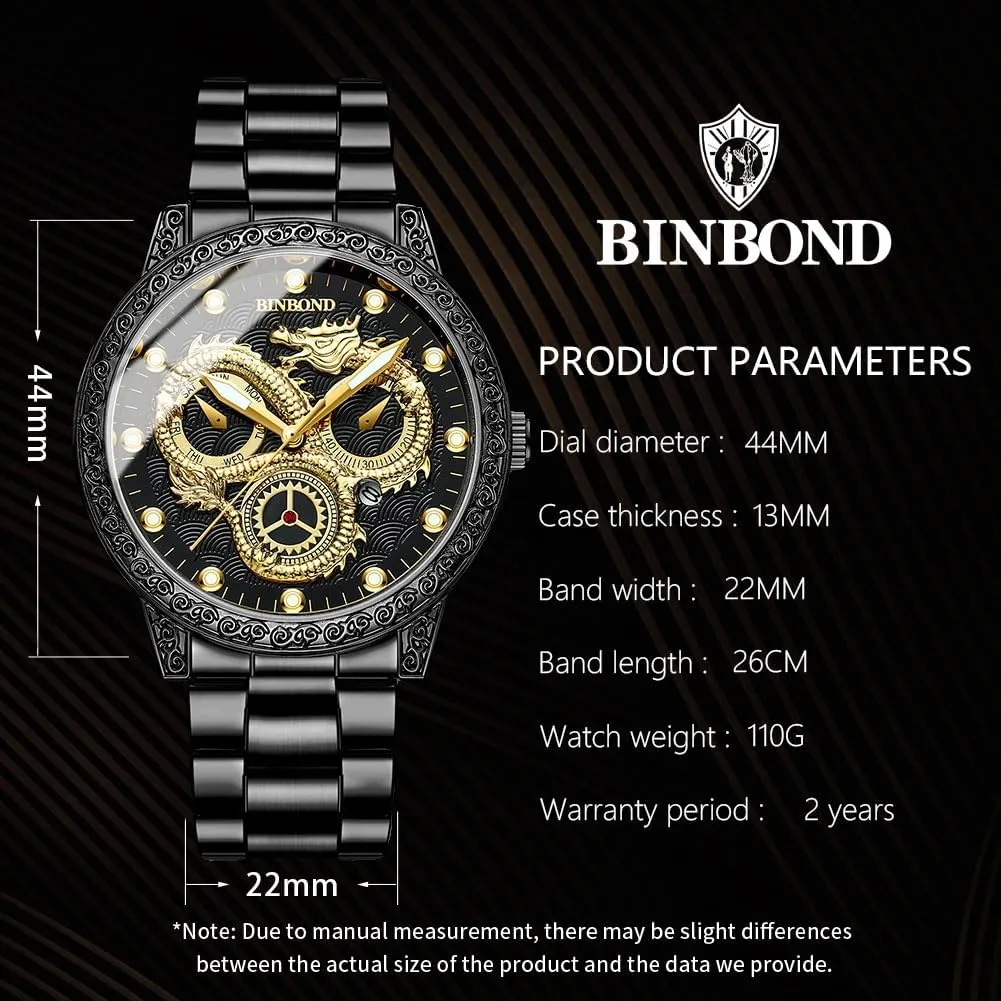 Gold Dragon Watches for Men Stainless Steel Luxury Dress Business Big Face Dial Date Men's Wrist Watch Gift Waterproof Luminous