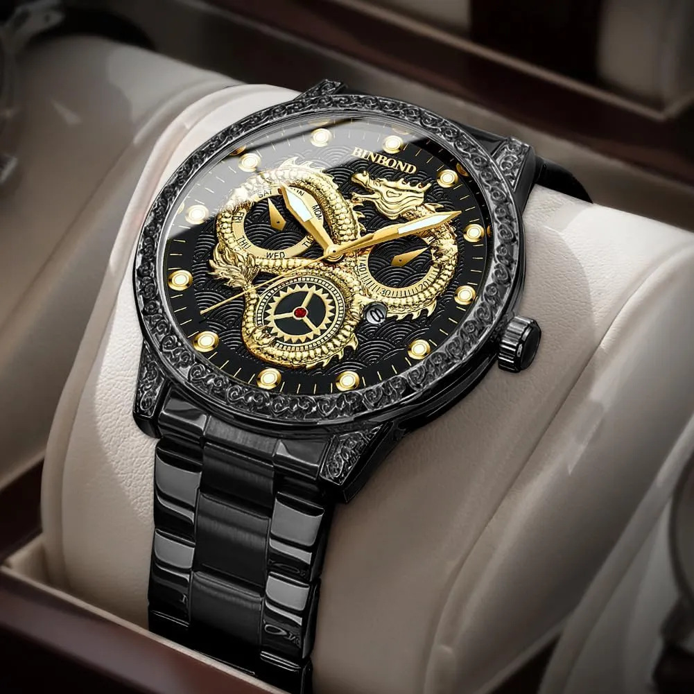 Gold Dragon Watches for Men Stainless Steel Luxury Dress Business Big Face Dial Date Men's Wrist Watch Gift Waterproof Luminous
