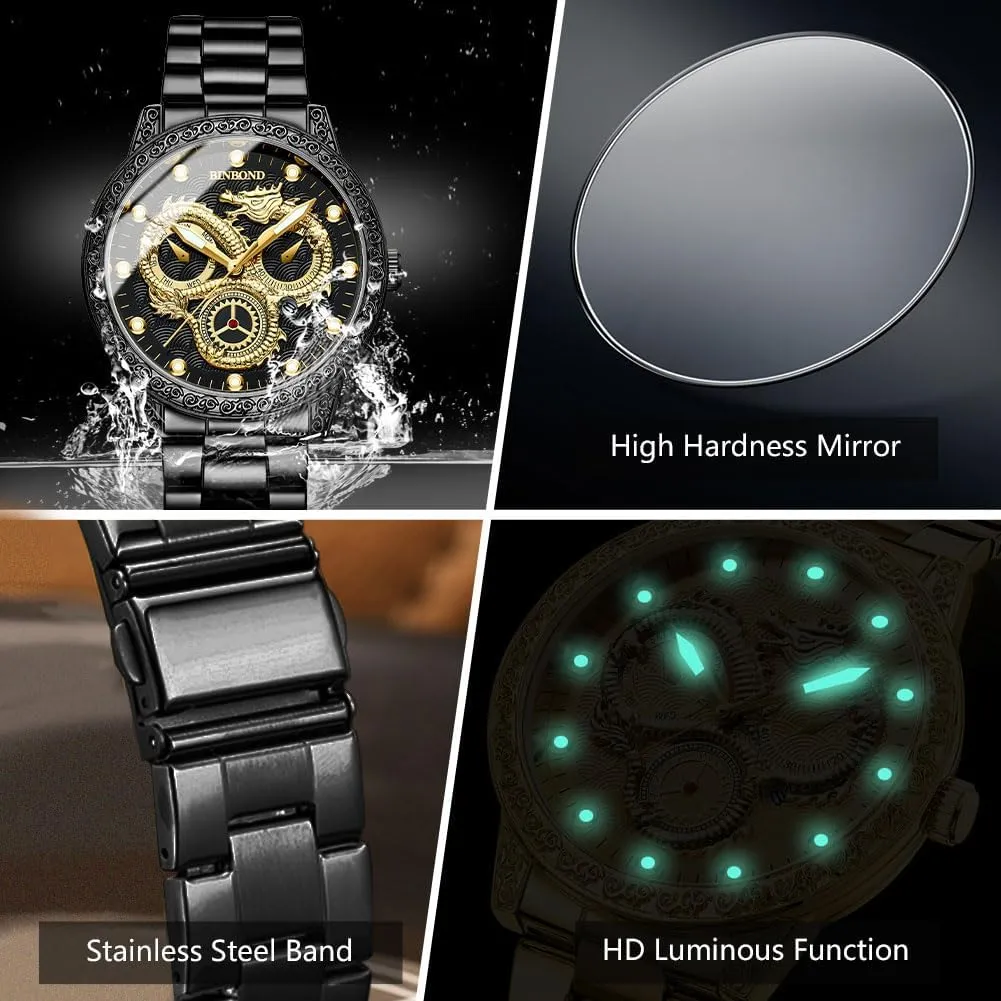 Gold Dragon Watches for Men Stainless Steel Luxury Dress Business Big Face Dial Date Men's Wrist Watch Gift Waterproof Luminous