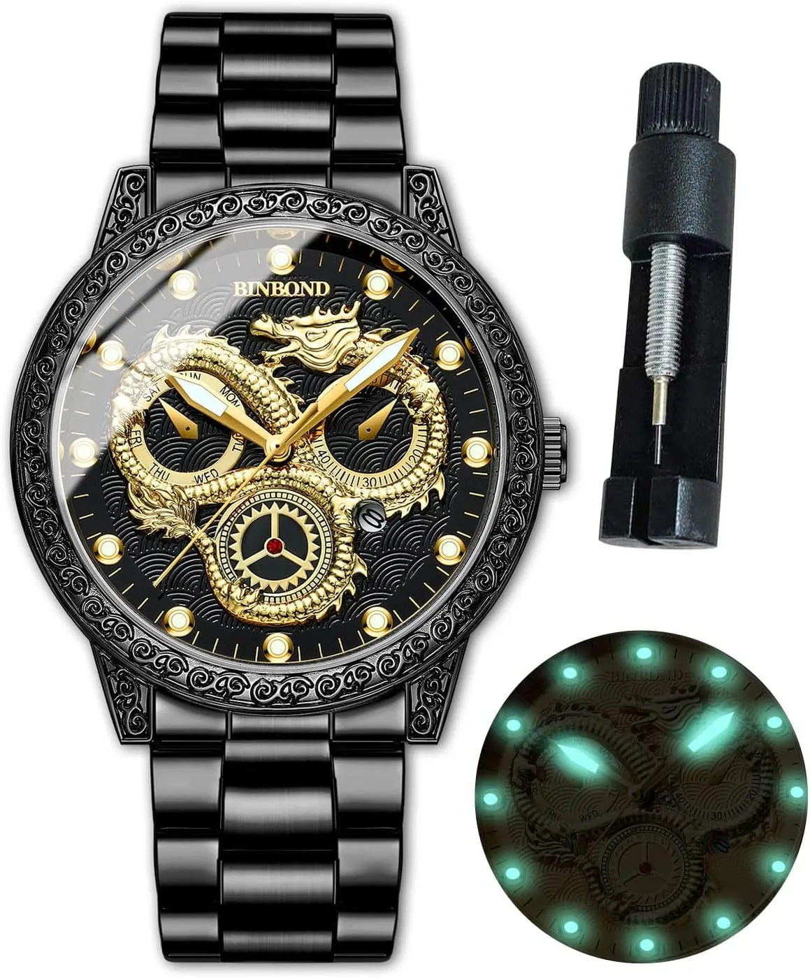 Gold Dragon Watches for Men Stainless Steel Luxury Dress Business Big Face Dial Date Men's Wrist Watch Gift Waterproof Luminous